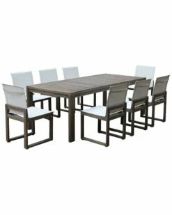 Pangea Home Vick 9 Piece Dinng Set, Brown Frame White Textilene Dining Sets